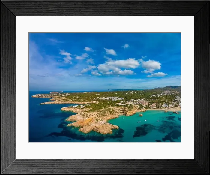 Framed Print : Aerial drone view of a beautiful coast and sea in Cala Tarida, Ibiza island, Spain