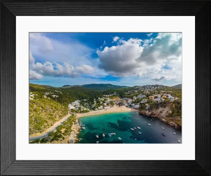 Framed Print : Aerial drone view of Cala Vadella, Ibiza islands, Spain Framed Print : Aerial drone view of Cala Vadella, Ibiza islands, Spain