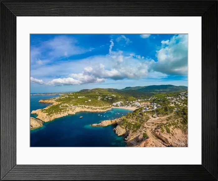 Framed Print : Aerial drone view of Cala Vadella, Ibiza islands, Spain Framed Print : Aerial drone view of Cala Vadella, Ibiza islands, Spain