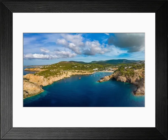 Framed Print : Aerial drone view of Cala Vadella, Ibiza islands, Spain Framed Print : Aerial drone view of Cala Vadella, Ibiza islands, Spain