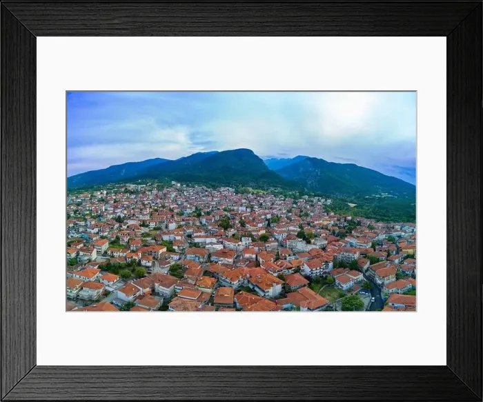 Framed Print : Panorama of Small Greek quiet resort town of Litochoro with small houses with red tiled roofs Framed Print : Panorama of Small Greek quiet resort town of Litochoro with small houses with red tiled roofs