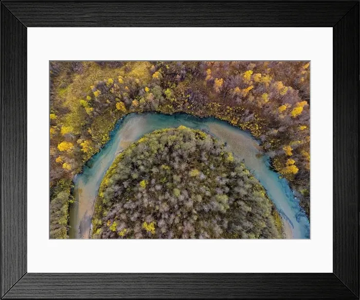 Framed Print : Aerial top view of amazing river between green and yellow trees in autumn during daytime Framed Print : Aerial top view of amazing river between green and yellow trees in autumn during daytime