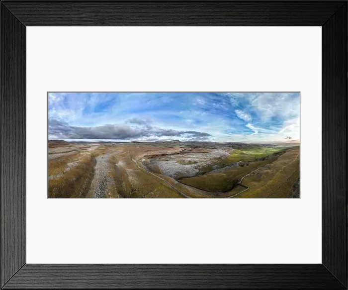 Framed Print : Limestone pavement panoramic drone aerials # of Crummock Dale near Austwick, North Yorkshire Framed Print : Limestone pavement panoramic drone aerials # of Crummock Dale near Austwick, North Yorkshire