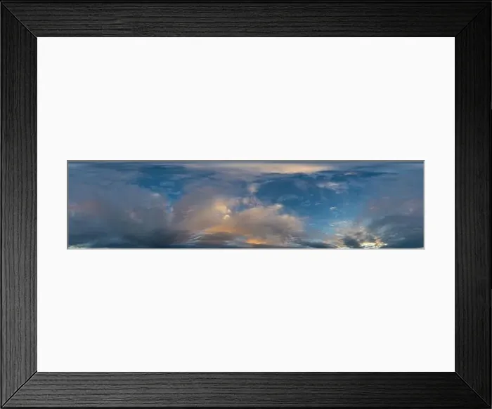Framed Print : Dark blue sunset sky panorama with golden Cumulus clouds Framed Print : Dark blue sunset sky panorama with golden Cumulus clouds