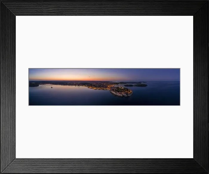 Framed Print : Panoramic aerial drone picture of the historic city Rovinj in Croatia during sunrise in summer Framed Print : Panoramic aerial drone picture of the historic city Rovinj in Croatia during sunrise in summer
