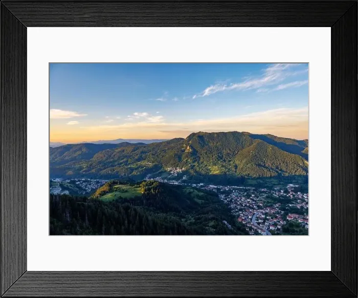 Framed Print : View from high rock to old village Smolyan with green meadows for cattle walking and houses Framed Print : View from high rock to old village Smolyan with green meadows for cattle walking and houses