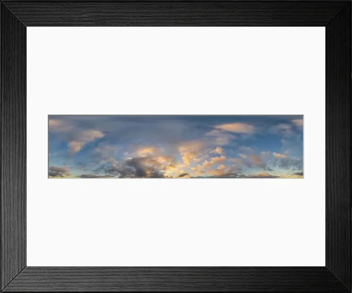 Framed Print : Dark blue sunset sky panorama with golden Cumulus clouds Framed Print : Dark blue sunset sky panorama with golden Cumulus clouds