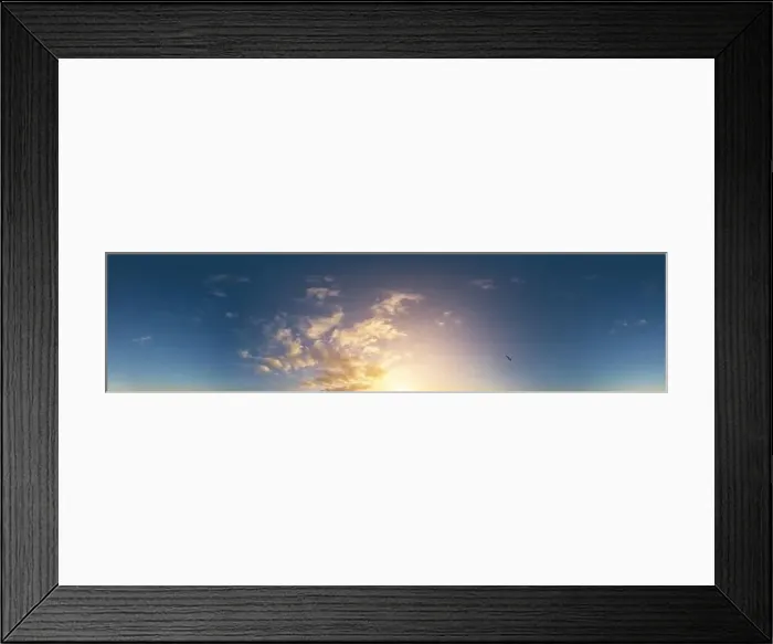 Framed Print : Golden glowing sunset sky panorama with Cirrus clouds Framed Print : Golden glowing sunset sky panorama with Cirrus clouds