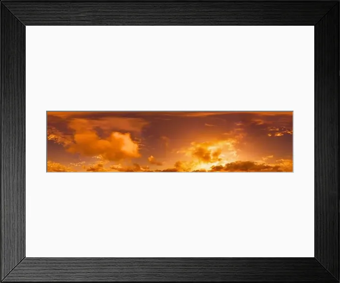 Framed Print : Golden glowing red orange overcast sunset sky panorama Framed Print : Golden glowing red orange overcast sunset sky panorama