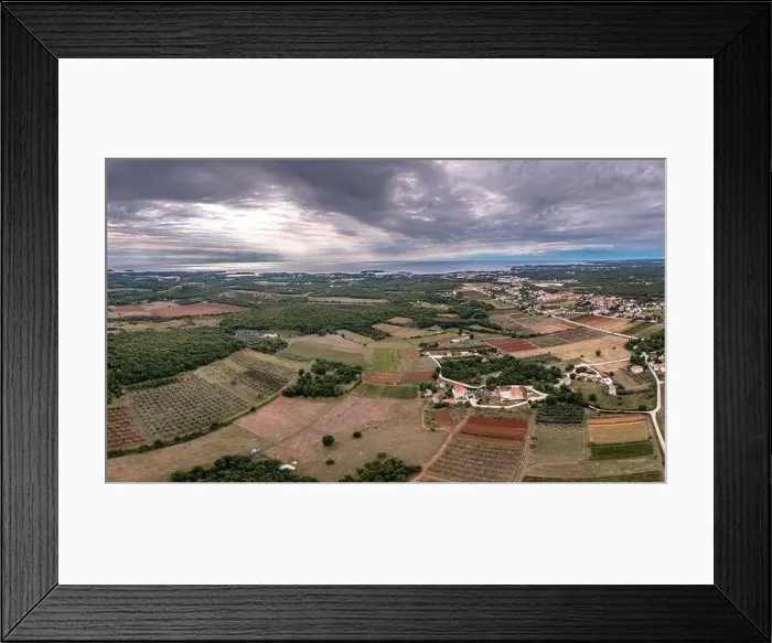 Framed Print : Drone panorama over Istrian Adriatic coast near Porec taken from high altitude during daytime with cloudy sky Framed Print : Drone panorama over Istrian Adriatic coast near Porec taken from high altitude during daytime with cloudy sky