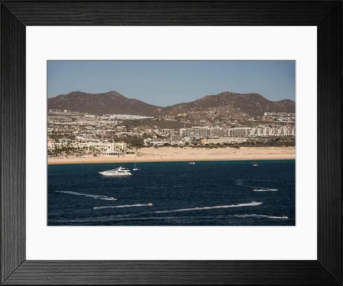 Framed Print : Landscape of Cabo San Lucas from above, including beach, boats and the hills beyond, Mexican Riviera, Mexico Framed Print : Landscape of Cabo San Lucas from above, including beach, boats and the hills beyond, Mexican Riviera, Mexico