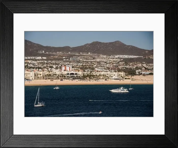 Framed Print : Landscape of Cabo San Lucas from above, including beach, boats and the hills beyond, Mexican Riviera, Mexico Framed Print : Landscape of Cabo San Lucas from above, including beach, boats and the hills beyond, Mexican Riviera, Mexico