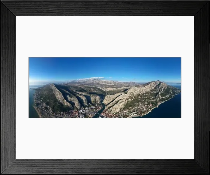 Framed Print : Aerial drone panorama view of Omis town in Croatia Framed Print : Aerial drone panorama view of Omis town in Croatia