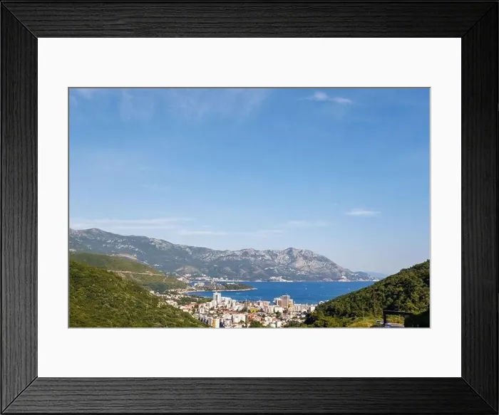 Framed Print : Bird's eye view of towns of Budva and Becici with hotels Framed Print : Bird's eye view of towns of Budva and Becici with hotels