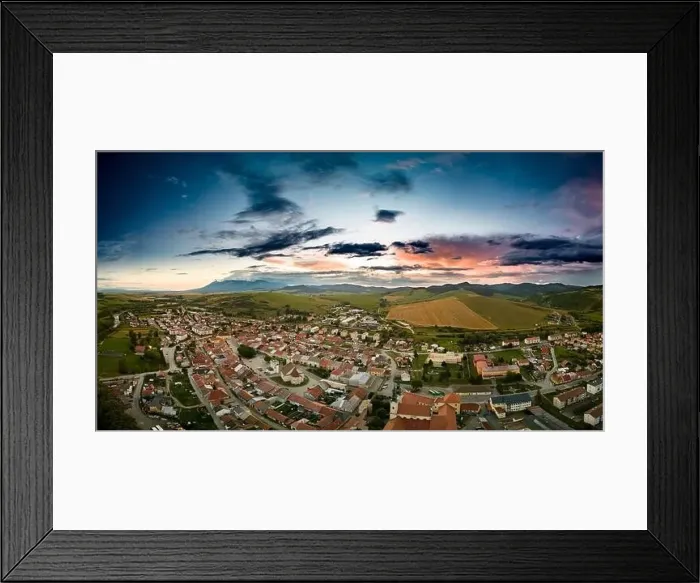 Framed Print : Aerial drone view of Podolinec, the town near Stara Lubovna, Slovakia, during sunset Framed Print : Aerial drone view of Podolinec, the town near Stara Lubovna, Slovakia, during sunset