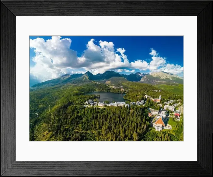 Framed Print : Aerial view of a wonderful mountain lake in National Park High Tatra, Strbske Pleso, Slovakia Framed Print : Aerial view of a wonderful mountain lake in National Park High Tatra, Strbske Pleso, Slovakia