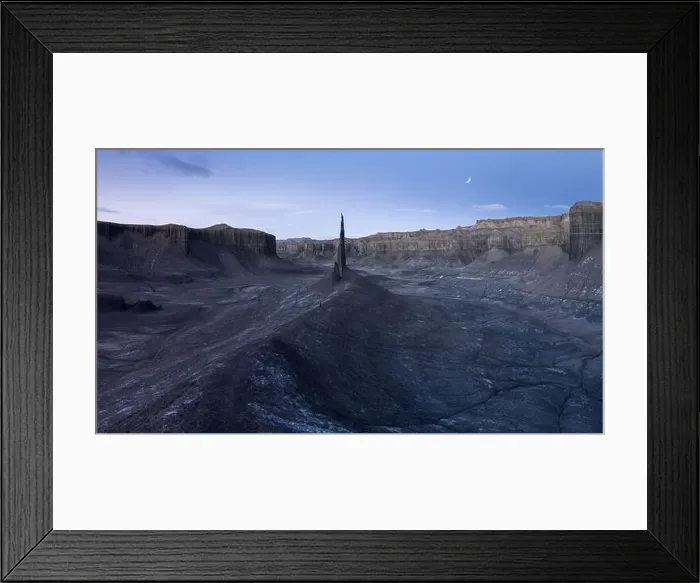 Framed Print : Picturesque drone view of spire shaped rock located in volcanic terrain against scenic sky with moon in Long Dong Framed Print : Picturesque drone view of spire shaped rock located in volcanic terrain against scenic sky with moon in Long Dong