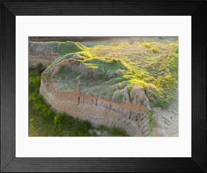 Framed Print : Aerial top view of sand quarry with green trees, slope of open pit Framed Print : Aerial top view of sand quarry with green trees, slope of open pit