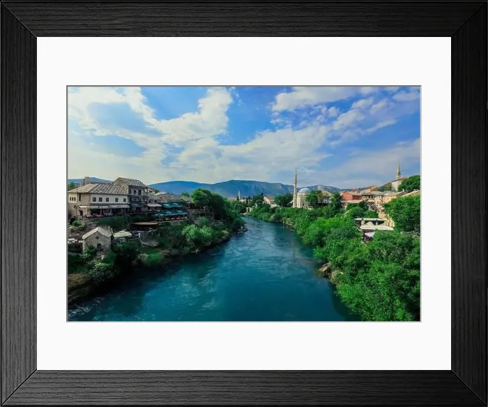 Framed Print : Panoramic View to the Spring and Green cityscape of Mostar, Bosnia and Herzegovina Framed Print : Panoramic View to the Spring and Green cityscape of Mostar, Bosnia and Herzegovina