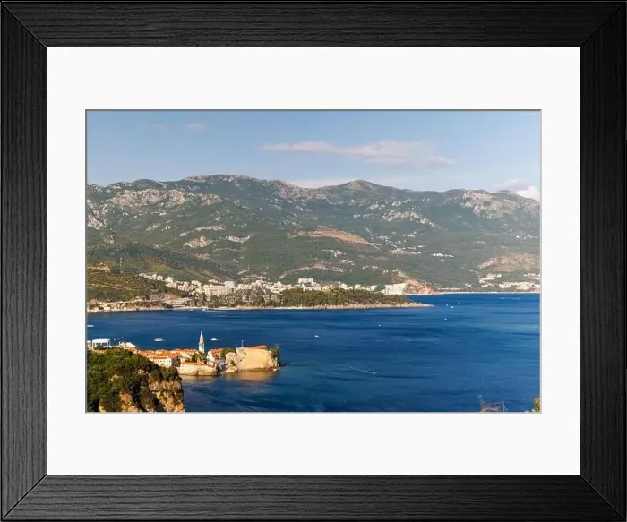 Framed Print : Bird's eye view of historical resort towns of Budva and Becici with luxury hotels Framed Print : Bird's eye view of historical resort towns of Budva and Becici with luxury hotels