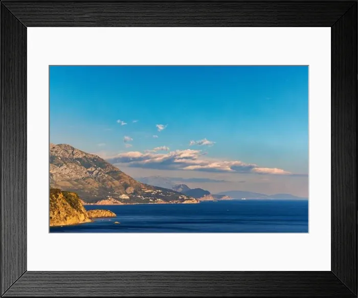 Framed Print : Bird's eye view of historical resort towns of Budva and Becici with luxury hotels Framed Print : Bird's eye view of historical resort towns of Budva and Becici with luxury hotels