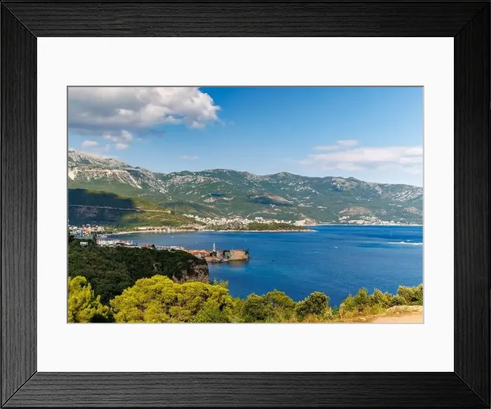 Framed Print : Bird's eye view of historical resort towns of Budva and Becici with luxury hotels Framed Print : Bird's eye view of historical resort towns of Budva and Becici with luxury hotels