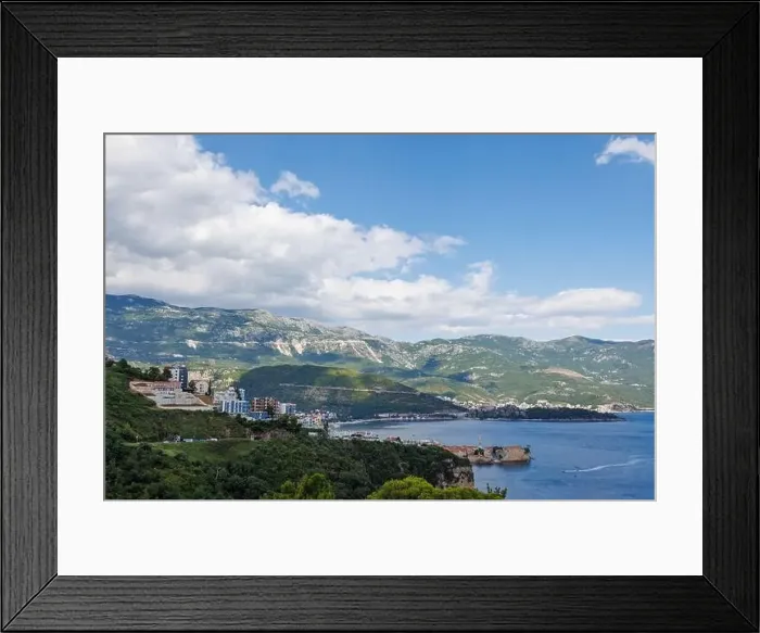 Framed Print : Bird's eye view of historical resort towns of Budva and Becici with luxury hotels