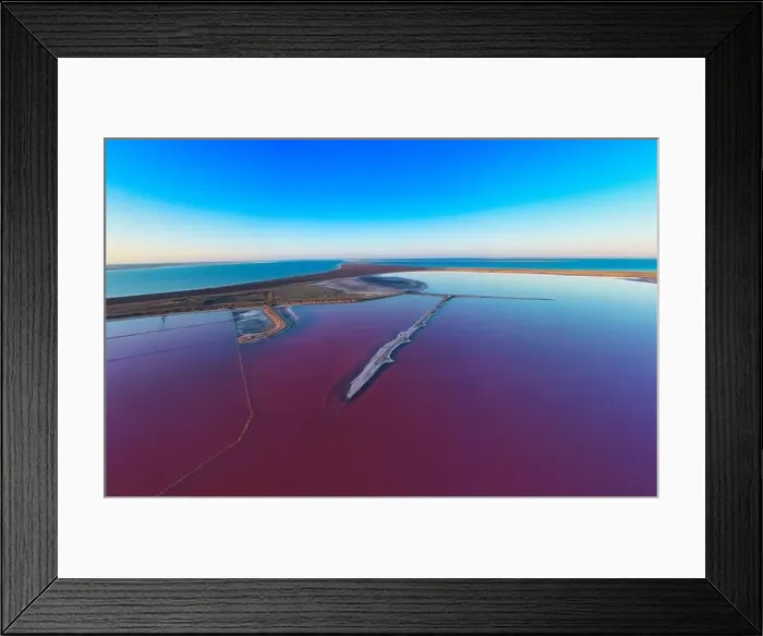 Framed Print : Top view of the salt-covered shore of Pink Lake. Drone view Framed Print : Top view of the salt-covered shore of Pink Lake. Drone view