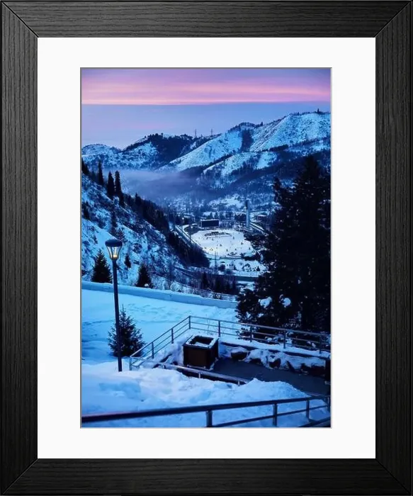 Framed Print : Landscape of glowing Medeu skating rink from top view of stairs health in Tian Shan mountains at pink sunset in Almaty