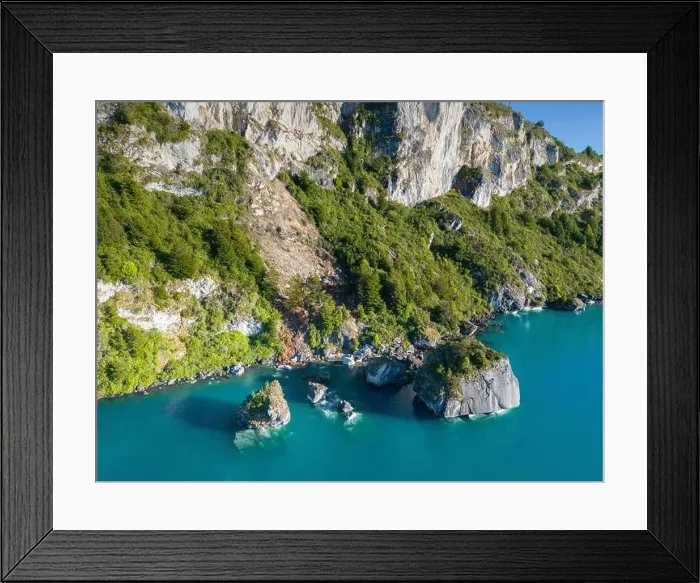 Framed Print : Aerial view of the picturesque Marble Caves near Puerto Rio Tranquilo - Lago General Carrera, Chile Framed Print : Aerial view of the picturesque Marble Caves near Puerto Rio Tranquilo - Lago General Carrera, Chile