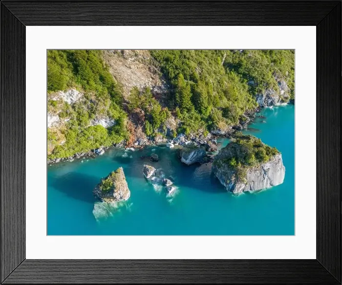 Framed Print : Aerial view of the picturesque Marble Caves near Puerto Rio Tranquilo - Lago General Carrera, Chile Framed Print : Aerial view of the picturesque Marble Caves near Puerto Rio Tranquilo - Lago General Carrera, Chile