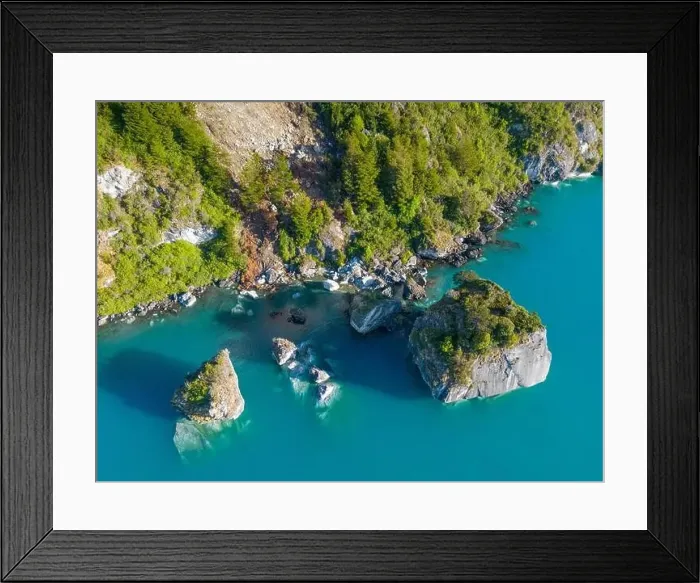 Framed Print : Aerial view of the picturesque Marble Caves near Puerto Rio Tranquilo - Lago General Carrera, Chile Framed Print : Aerial view of the picturesque Marble Caves near Puerto Rio Tranquilo - Lago General Carrera, Chile