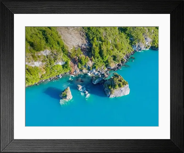 Framed Print : Aerial view of the picturesque Marble Caves near Puerto Rio Tranquilo - Lago General Carrera, Chile Framed Print : Aerial view of the picturesque Marble Caves near Puerto Rio Tranquilo - Lago General Carrera, Chile