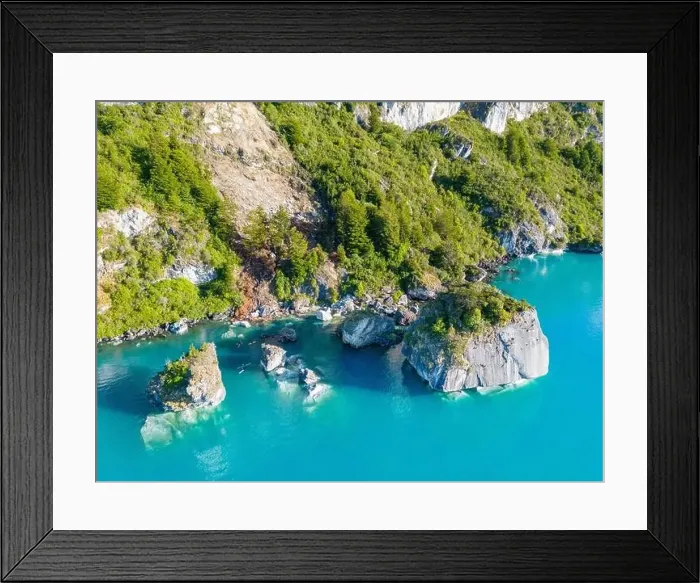 Framed Print : Aerial view of the picturesque Marble Caves near Puerto Rio Tranquilo - Lago General Carrera, Chile Framed Print : Aerial view of the picturesque Marble Caves near Puerto Rio Tranquilo - Lago General Carrera, Chile