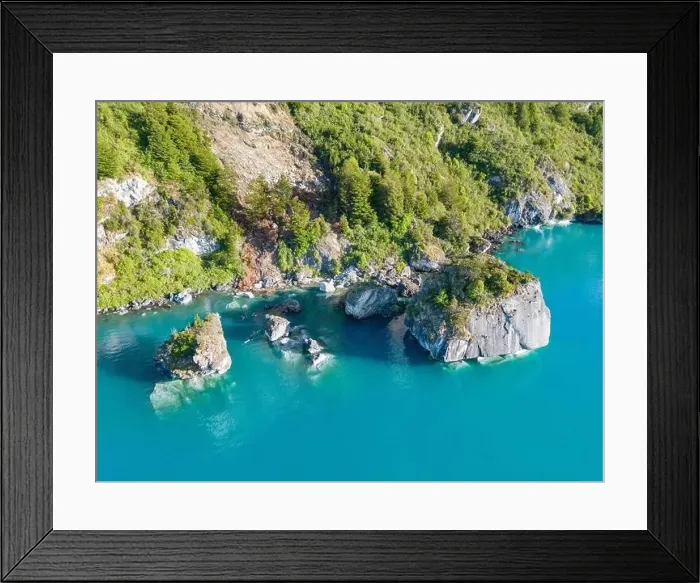 Framed Print : Aerial view of the picturesque Marble Caves near Puerto Rio Tranquilo - Lago General Carrera, Chile Framed Print : Aerial view of the picturesque Marble Caves near Puerto Rio Tranquilo - Lago General Carrera, Chile