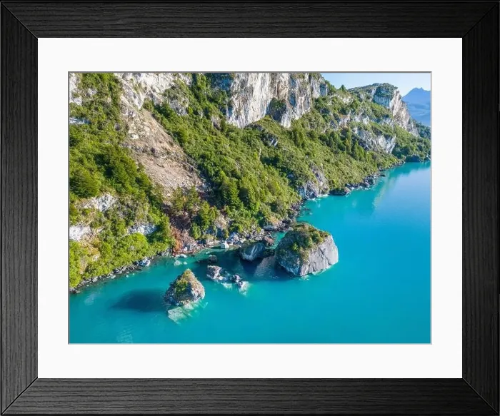 Framed Print : Aerial view of the picturesque Marble Caves near Puerto Rio Tranquilo - Lago General Carrera, Chile Framed Print : Aerial view of the picturesque Marble Caves near Puerto Rio Tranquilo - Lago General Carrera, Chile