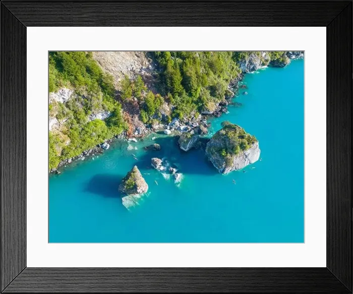 Framed Print : Aerial view of the picturesque Marble Caves near Puerto Rio Tranquilo - Lago General Carrera, Chile Framed Print : Aerial view of the picturesque Marble Caves near Puerto Rio Tranquilo - Lago General Carrera, Chile