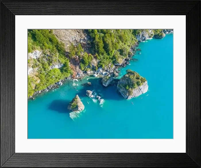 Framed Print : Aerial view of the picturesque Marble Caves near Puerto Rio Tranquilo - Lago General Carrera, Chile Framed Print : Aerial view of the picturesque Marble Caves near Puerto Rio Tranquilo - Lago General Carrera, Chile