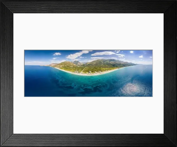 Framed Print : Large panorama of 7 km long beach in village Borsh, Albania in Summer 2022 Framed Print : Large panorama of 7 km long beach in village Borsh, Albania in Summer 2022