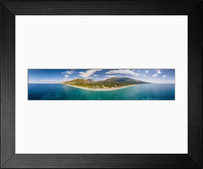 Framed Print : Large panorama of 7 km long beach in village Borsh, Albania in Summer 2022 Framed Print : Large panorama of 7 km long beach in village Borsh, Albania in Summer 2022