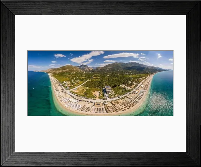 Framed Print : Large panorama of 7 km long beach in village Borsh, Albania in Summer 2022 Framed Print : Large panorama of 7 km long beach in village Borsh, Albania in Summer 2022