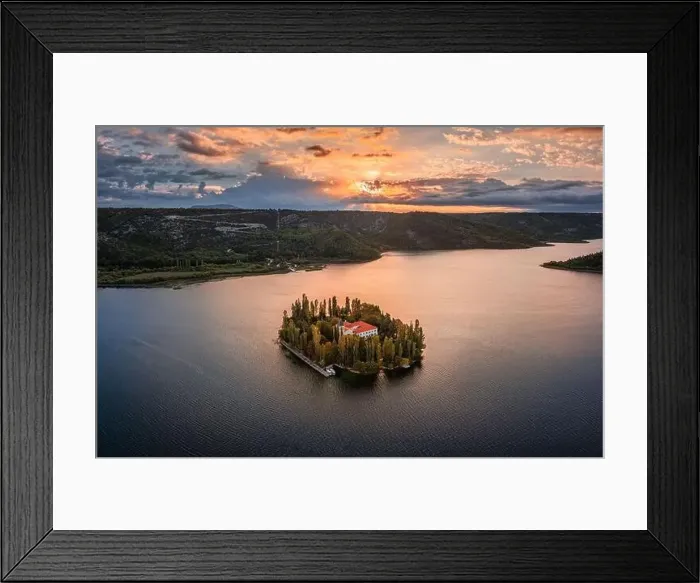 Framed Print : Visovac, Croatia - Aerial panoramic view of Visovac Christian monastery in Krka National Park on a bright autumn Framed Print : Visovac, Croatia - Aerial panoramic view of Visovac Christian monastery in Krka National Park on a bright autumn