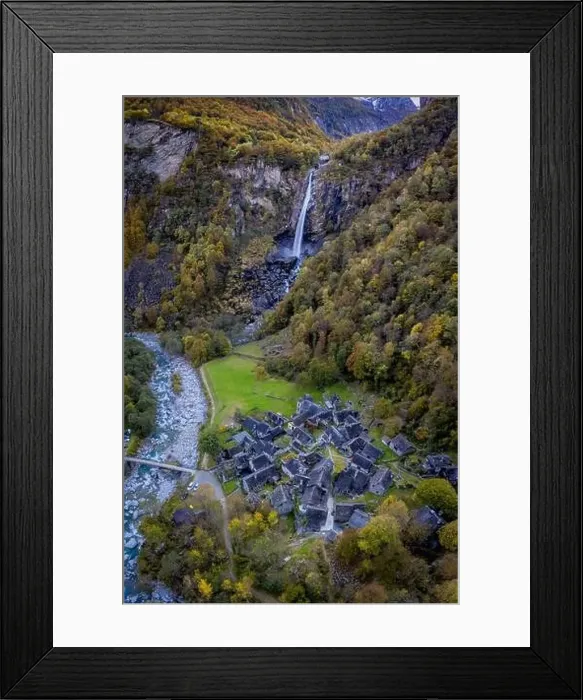 Framed Print : A small village next to a waterfall Framed Print : A small village next to a waterfall