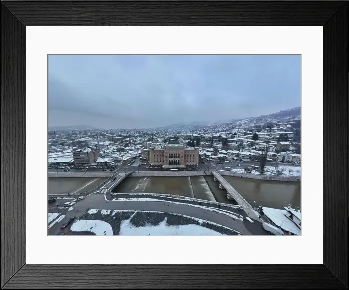 Framed Print : Sarajevo city hall or national library in town center aerialhyper lapse or time lapse