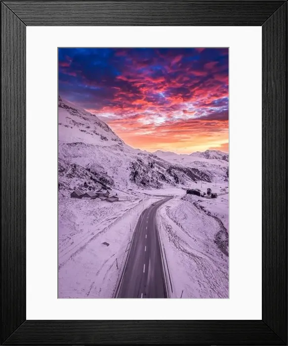 Framed Print : A pass road in winter with purple sky Framed Print : A pass road in winter with purple sky
