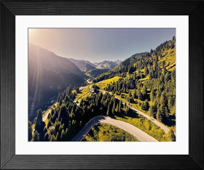 Framed Print : Beautiful scenery of the mountains with snow glacier and road and river at sunrise sky in Almaty Framed Print : Beautiful scenery of the mountains with snow glacier and road and river at sunrise sky in Almaty