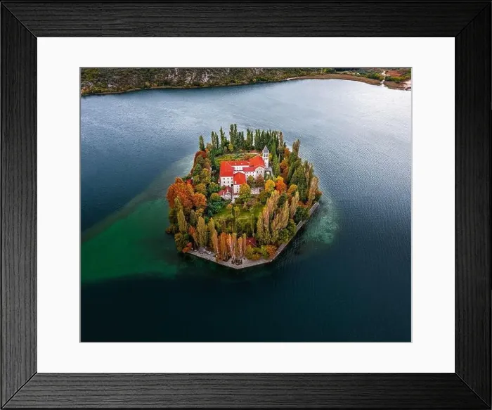 Framed Print : Visovac, Croatia - Aerial view of Visovac Christian monastery in Krka National Park on a bright autumn morning with