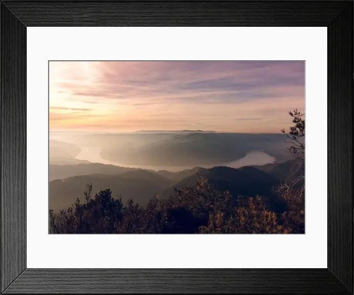 Framed Print : Drone view of picturesque scenery with bright sunset sky over foggy mountains and hills in Almatret
