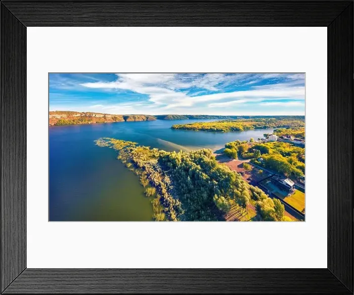 Framed Print : Aerial landscape photography. Amazing morning view from flying drone of Dnister river Framed Print : Aerial landscape photography. Amazing morning view from flying drone of Dnister river