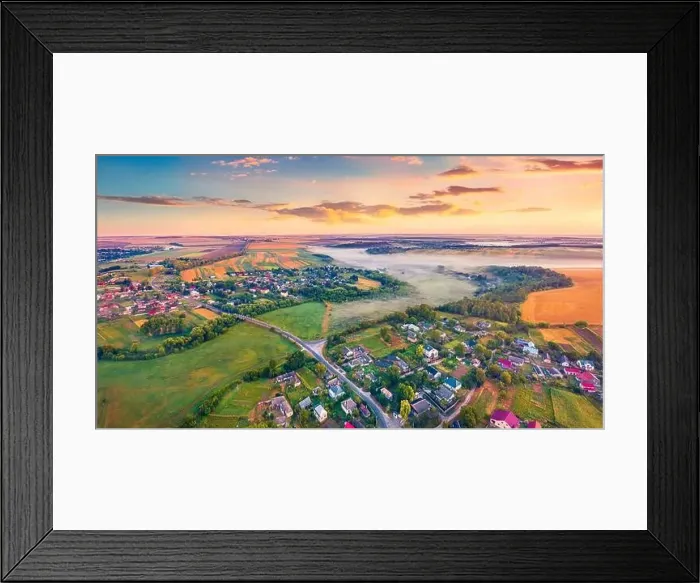 Framed Print : Aerial landscape photography Stunning dawn on Ukrainian countryside with foggy fields Framed Print : Aerial landscape photography Stunning dawn on Ukrainian countryside with foggy fields